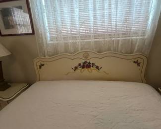 French Provincial Queen bed by Bassett w/2 nightstands, 5-drawer tall dresser, long dresser w/mirror, and jewelry armoire. 