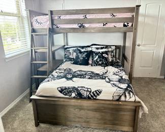 Top Loft bed is new, TWIN OVER FULL. With built in shelf, grey brown color. Can be purchased WITH or WITHOUT the new mattresses.