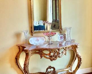 Rouge marble gilt wood console and mirror