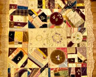 19th c. crazy quilt quilted table cloth with lace edge