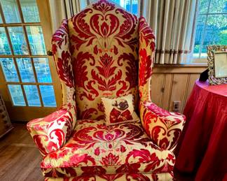 Custom upholstered oversized 19th c. Continental wingback chair