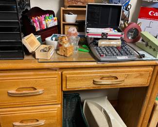 Wood desk, sewing machine