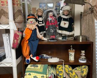 More Madame Alexander dolls, baskets, blankets, quilting fabrics, shelves, clowns, lamps