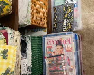 Baskets, crochet supplies & books