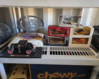 3378  1932 Ford 3Window Model Car, 5 Model Car Coin Banks, NHRA Pillow, Car Club Ensignia, Dodge Ba... 