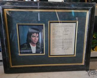 3308  Framed Michael Jackson Photo and Signed Application and Agreement for Certificate of Compliance 