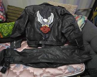 3362  Harley Davidson Leather Jacket, Chaps, and Riding Gloves 