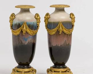 Pair French Art Nouveau pottery in ormolu mounts