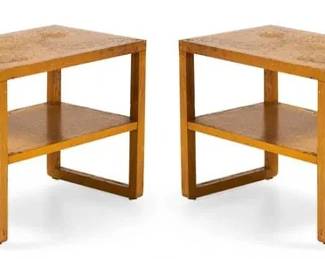 Pair Dunbar style cork top side tables