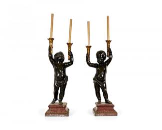 Pair 19th c patinated bronze Putti candelabra