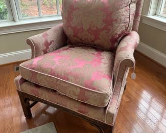 Ethan Allen Pink Floral Upholstered Armchairs with Wood Base (2 Available)