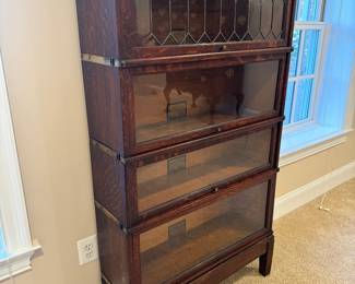 Antique Mahogany Globe-Wernicke 4 Tiered Leaded Glass Barrister Bookcases (61"H x 12"D x 34"W)