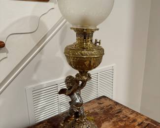 Bradley & Hubbard Brass Cherub Oil Lamp w/ Original Globe