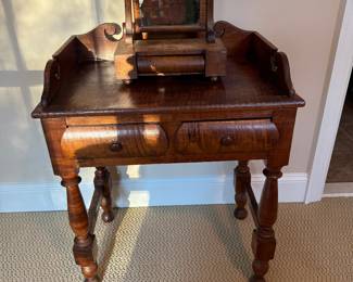 Antique 19th Century Empire Flame Mahogany Shaving Stand 2 Drawer Vanity Desk 