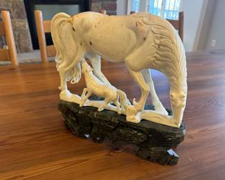 Vintage Italian Stone Horse & Mare Sculpture with Base Signed