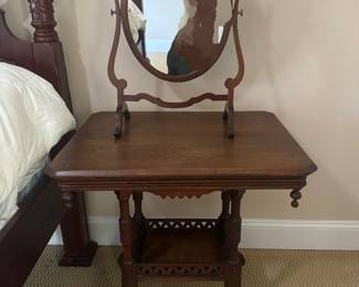 Antique 2 Tiered Parlor Table (29-1/2"W x 21-1/2"D x 28-1/2"H) with Antique Shaving Mirror