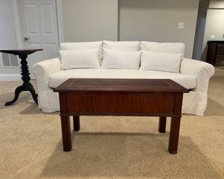 Pottery Barn White Upholstered Deep Seated Sofa (44"D x 98"W x 32" Back Height) (2 Available) & Antique Mahogany Trunk Table (37"W x 17"D x 21"H)