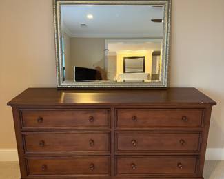 Ethan Allen Walnut 6 Drawer Dresser (68"W x 19"D x 36"H) with Designer Mirror (44"W x 35"H)