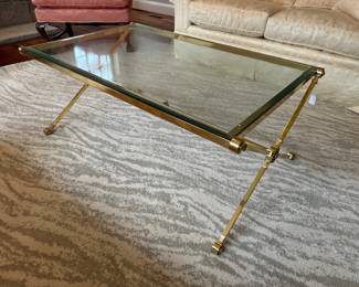 Hollywood Regency Style Neoclassical Glass Top with Brass Base Coffee Table (28"D x 45"W x 18-1/2"H)