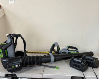 EGO Backpack Air Blower & Hedge Trimmer with 2 Batteries & Chargers 