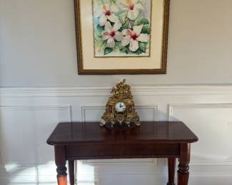Victorian Mahogany Hall Table (46"W x 18"D x 29"H) & Imperial Brass Mantle Clock Made in Italy & 