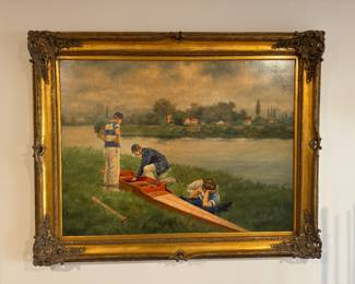 Framed Oil on Canvas "Repairing the Skull, Young Men and Canoe" Reproduced and Signed W.S. Antonio