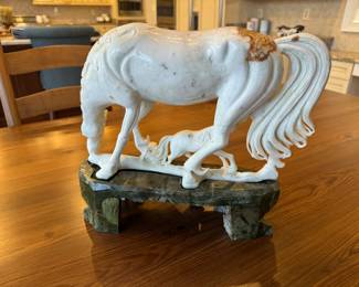 Vintage Italian Stone Horse & Mare Sculpture with Base Signed
