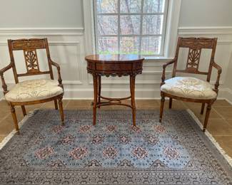 French Upholstered Armchairs (2 Available) & French 1 Drawer / 2 Side Door Side Table (26"W x 17"D x 30"H / 2 Available)