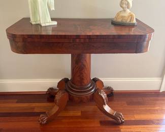 Antique Mahogany Pedestal Clawfoot Game Table on Casters (18"/36"W x 36"D x 29-1/2"H)