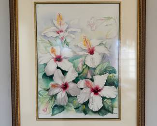 Framed Original Watercolor of Hibiscus Flowers Signed J. Legendre