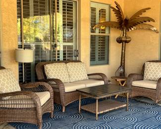 Patio Seating: Loveseat, 2 Chairs, Coffee Table (choice of tan or blue cushions)