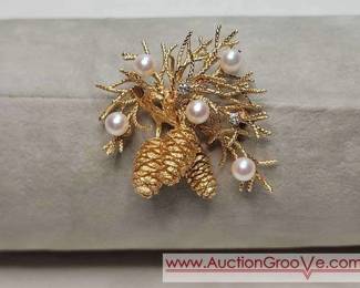 2 14K Gold, pearl and diamond brooch