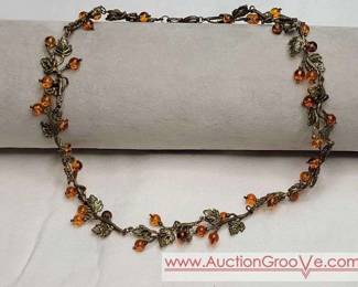 3 Gooseberry necklace, gilt bronze, plique a jour enamel, and probably amber beads.