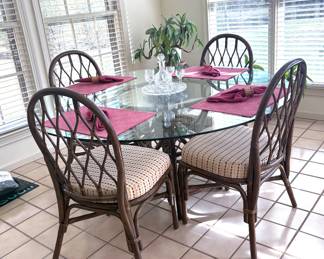 Vintage rattan glass top table dining set