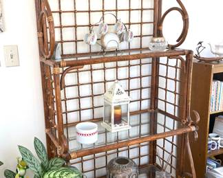 Vintage Rattan 3 tiered glass shelf etagere