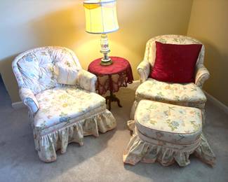 Pair of adorable boudoir chairs with ottoman