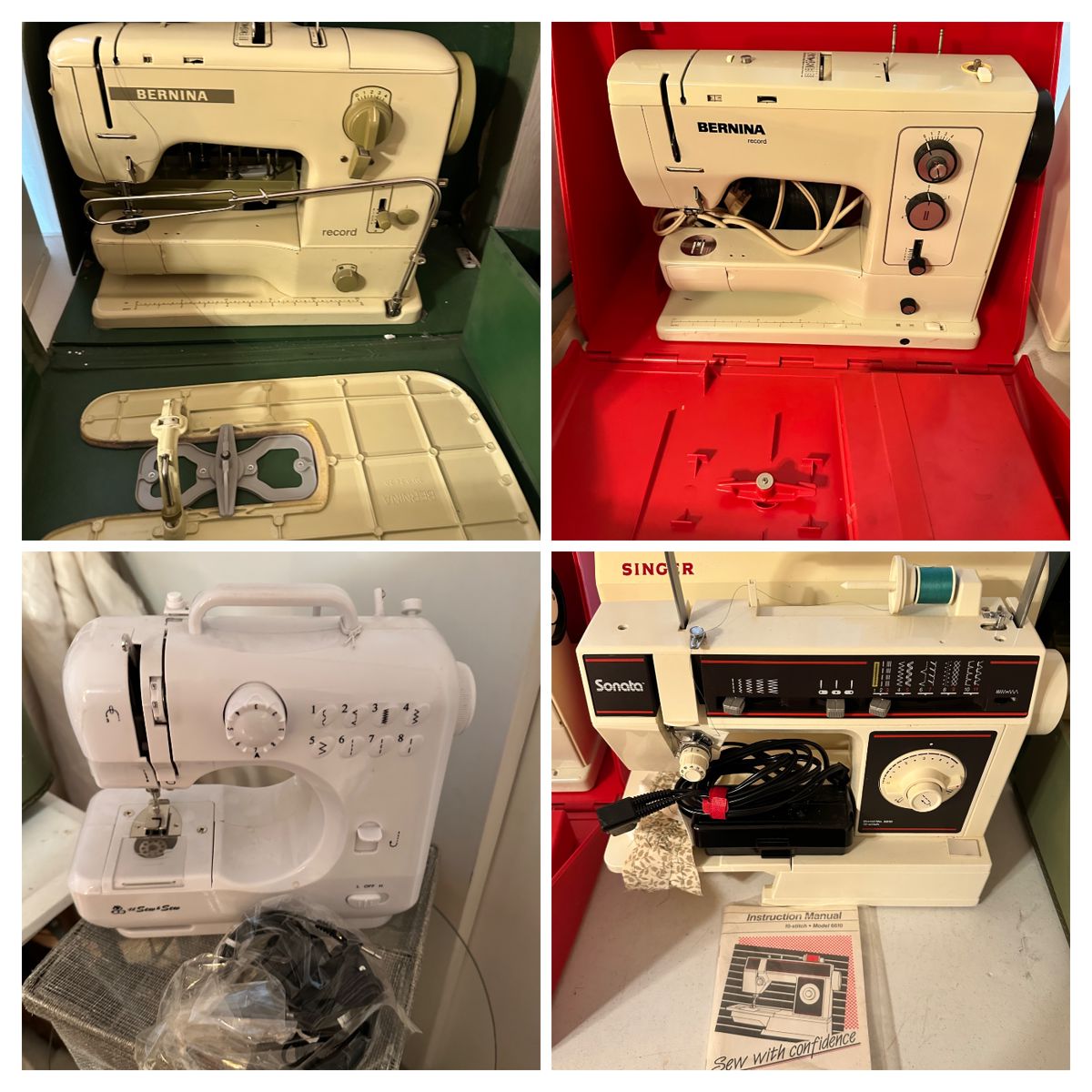 2 Bernina sewing machines , 1 singer sewing machine and 1 child’s sewing machine.