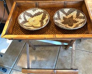 CanedWicker Folding Table, Woven Baskets