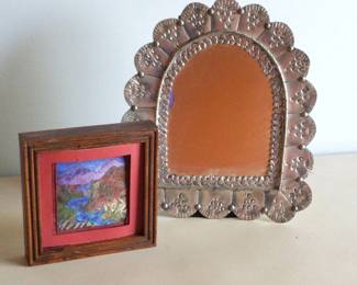 Tin Mirror Small Framed Quilted Painted Art