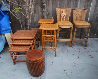 Rattan nesting tables, counter stools, bar stools.