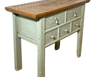 ANTIQUE SIDE TABLE | Having carved wood top over 2 splits width drawers over 3 1/3 width drawers painted in a distressed light blue/green. -  h. 33.5 x w. 19.5 x l. 38.5 in