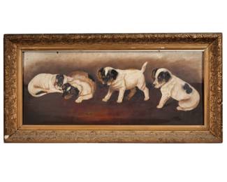 AMERICAN SCHOOL FOLK ART PUPPIES (20th Century) | Puppies looking at a spider. Oil on board. 10 x 24 in.. No apparent signature. - h. 13.74 x w. 27.5 in (frame)