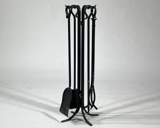 (5pc) WROUGHT IRON FIREPLACE TOOL SET | Modern design fireplace set comprising four tools on a matching stand. -  h. 32.25 x w. 12.25 in