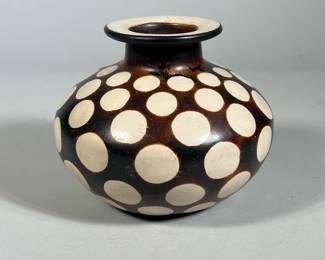 PERUVIAN SIGNED VASE | Signed "Jose Paz A / Chucucanas" having brown glaze with a spotted design. - h. 5 x dia. 5.75 in