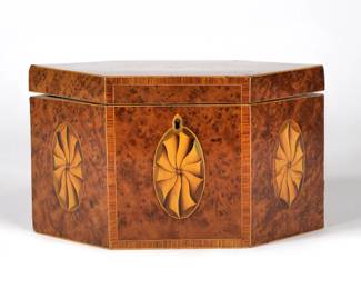 REGENCY MARQUETRY HEXAGONAL ENGLISH TEA CADDY | 19th century, burlwood with contrasting borders, having linenfold inlay on the lid and front three sides, fitted interior with two lids with bone handles. -  h. 4.75 x w. 5.5 x l. 8.5 in