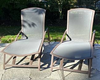 (2pc) Pair Brown Jordan Lounge Chairs | Outdoor patio lounge chairs with adjustable back rests. -  h. 20.75 x w. 29.5 x l. 69 in (base
