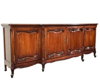 FRENCH PROVINCIAL CONSOLE CABINET | Sideboard cabinet having two cabinet doors centering double cabinet doors, all with fitted interior. - h. 37 x w. 21 x l. 96 in