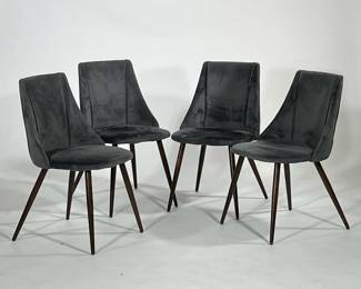 (4pc) MODERN DINING CHAIRS | Shaped backs with grey velvet-like upholstery on splayed wood legs. - h. 32 x w. 20 x d. 21 in