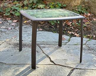Brown Jordan Patio Side Table | Outdoor patio side table having a glass top on a metal base. - h. 16.5 x w. 20 x l. 20 in