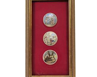 MOUNTED PORCELAIN PLAQUES | Decorated with transferware scenes of bears mounted  in shadowbox with gilt frame, plaques dia; 3in. - w. 10.5 x l. 18.5 in (Frame)